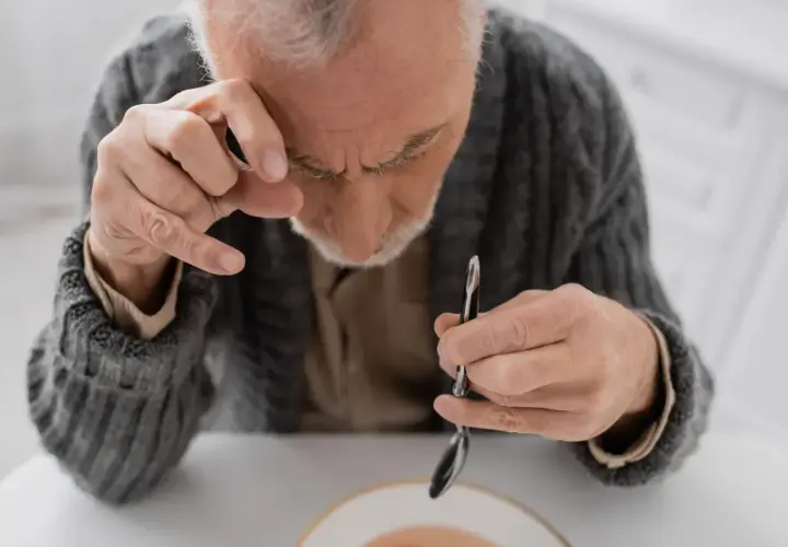 Starszy mężczyzna z drżącą ręką próbuje jeść. Choroba parkinson ile się żyje, to pytanie, które zadaje sobie wielu.