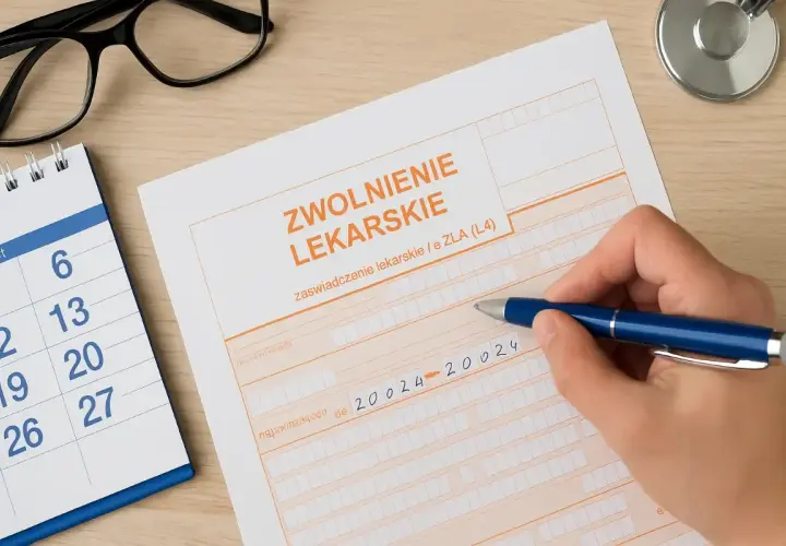 Dłoń pisze długopisem na druku zwolnienia lekarskiego obok kalendarza i okularów.