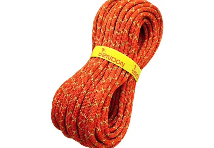 Pomarańczowa lina wspinaczkowa z żółtą opaską z logo Tendon.