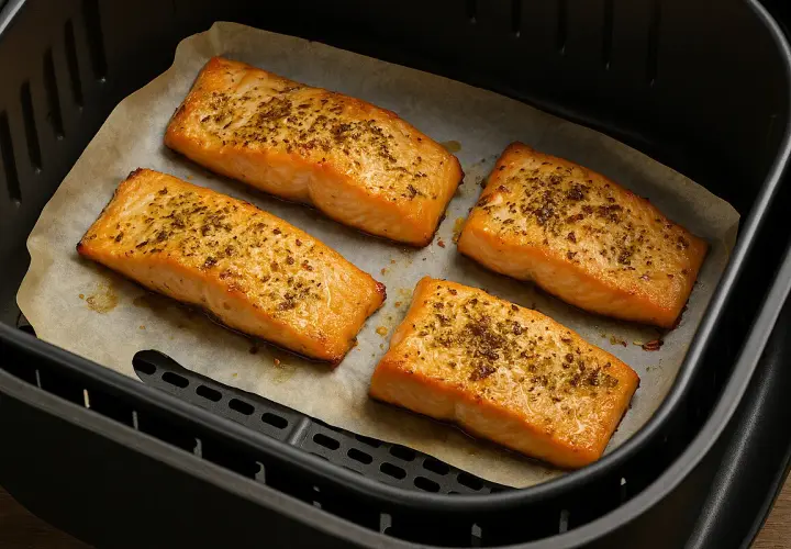 Quattro filetti di salmone dorati e conditi, pronti per essere gustati, appena usciti dalla friggitrice ad aria.