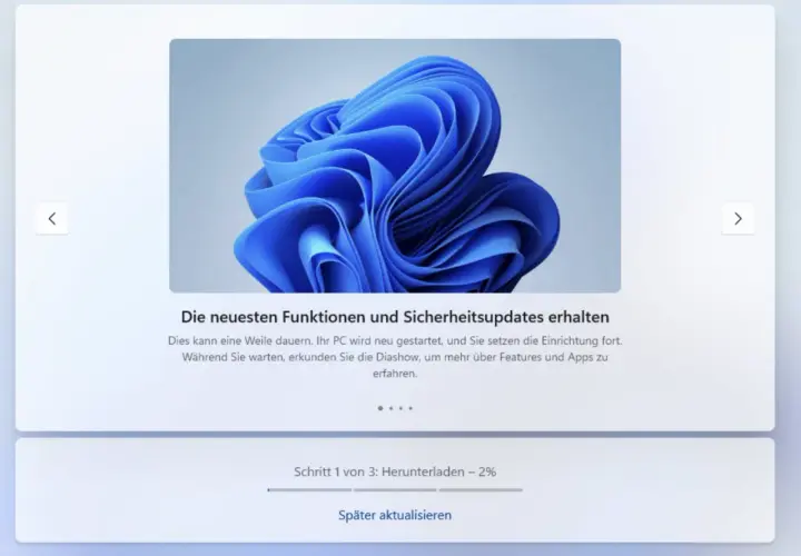 Windows 11 Installation: Schritt 1 von 3, Download läuft. Die Dauer der Windows 11 Installation kann variieren.
