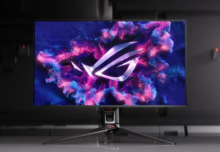 Efektowne logo ROG na tle kosmicznej mgławicy. Dowiedz się, jak rozciągnąć ekran na cały monitor, by zanurzyć się w grze.