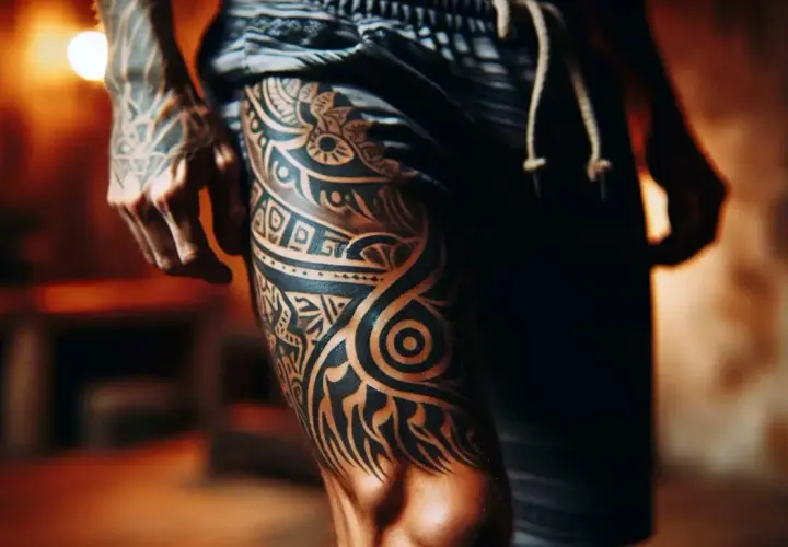 Męskie tatuaże tribal na udzie, pełne symboliki i wzorów.