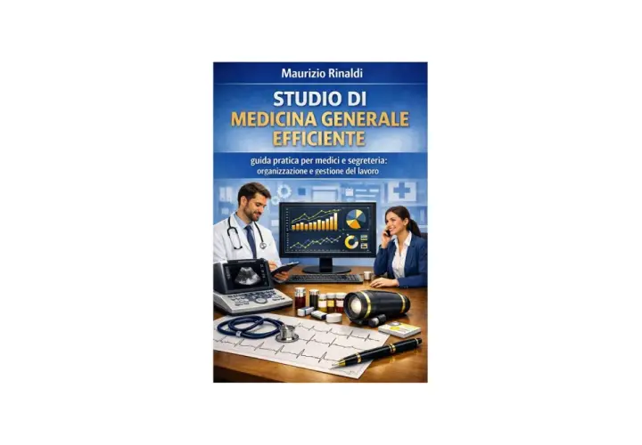 Medico e impiegata studio medico collaborano per una gestione efficiente. Sul tavolo, ecografo, stetoscopio e grafici.