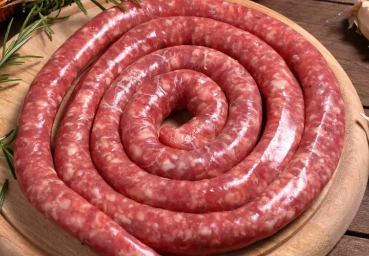 Surowa, zwinięta w spiralę salsiccia na drewnianej desce, ozdobiona gałązkami rozmarynu.