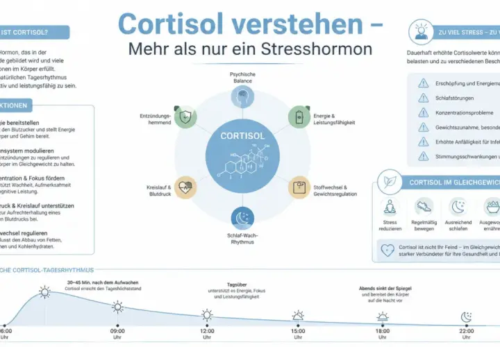 Infografika o kortyzolu: jego funkcje, wpływ stresu i jak utrzymać go w równowadze. Badanie poziomu kortyzolu jest kluczowe.