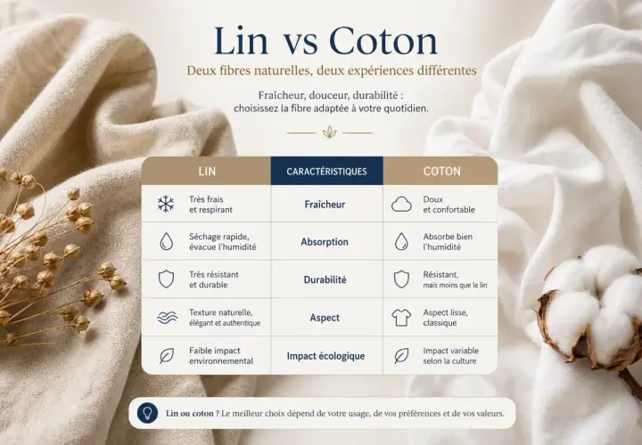 Comparaison lin et coton : le lin, matière naturelle, offre fraîcheur et durabilité. Tableau comparatif des caractéristiques.