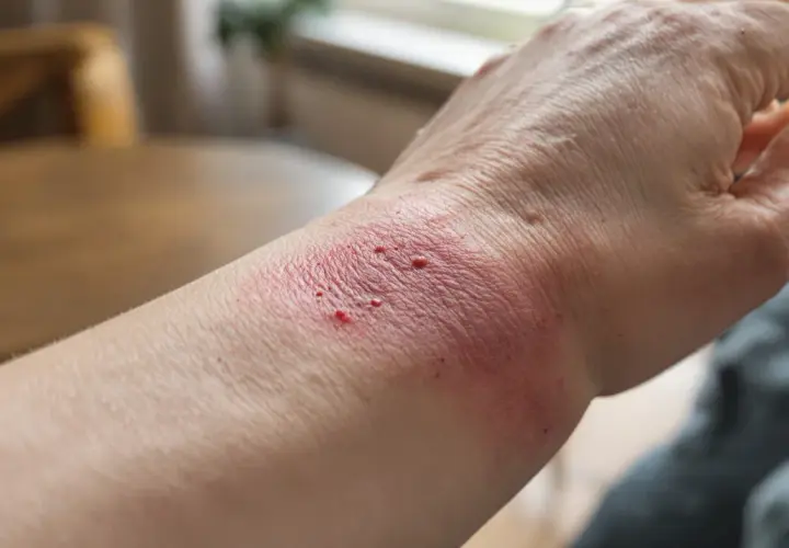 Poignet rouge et irrité, avec des petites cloques, comme une cicatrice qui brûle.