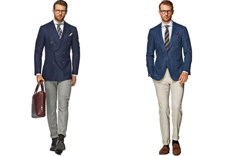 Eleganckie stylizacje: jakie spodnie do niebieskiej marynarki? Jasne chinosy lub wzorzyste spodnie to świetny wybór.