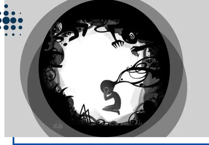 Silhouette di una persona accovacciata, circondata da ombre minacciose. Rappresentazione visiva del disturbo paranoide di personalità.