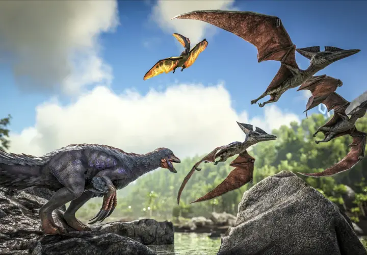 Dinozaur kontra stado pterodaktyli. Gra Ark Survival Evolved wymaga mocnego sprzętu, by cieszyć się takimi widokami.