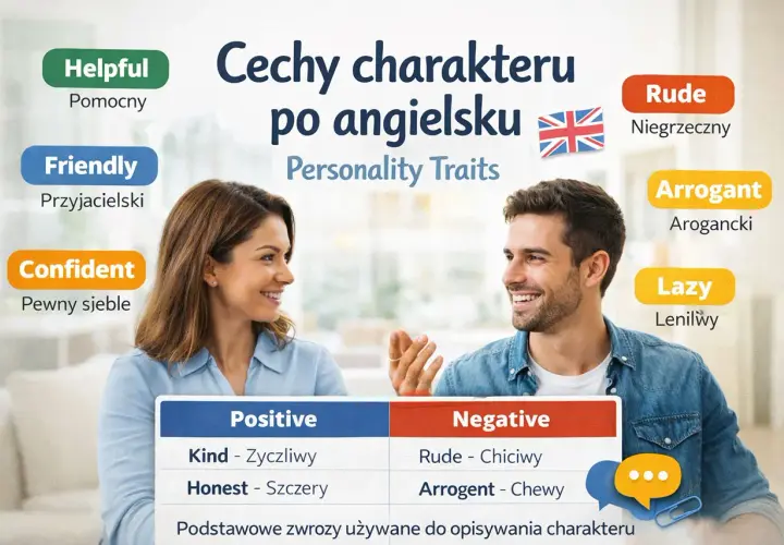 Uśmiechnięci ludzie omawiają cechy charakteru po angielsku. Obrazek pokazuje słowa jak "Friendly" i "Arrogant", opisując osobowość.