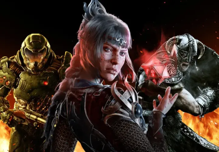 Doom Slayer, wojowniczka i nordycki wojownik w płomieniach. Idealni bohaterowie do gry bez internetu.