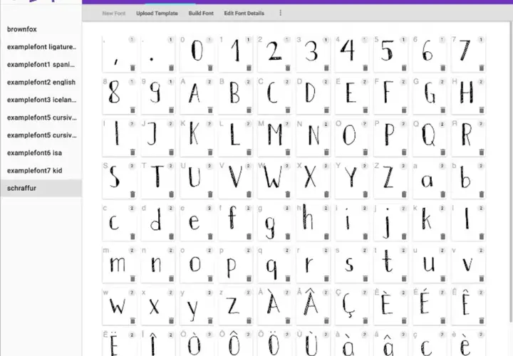 Interfaz de Calligraphr para crear letras lettering online. Muestra una vista previa de caracteres de una fuente personalizada.