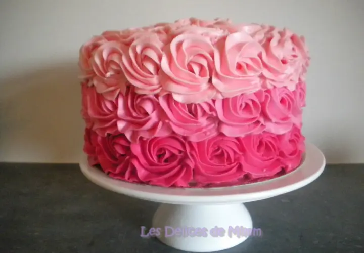 Gâteau rond décoré de roses en crème rose, du plus foncé au plus clair. Un délice visuel !
