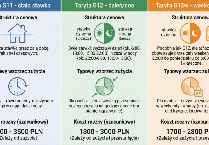 Porównanie taryf prądu: G11, G12, G12w. Ikony domu, słońca i księżyca, zegara, kalendarza.