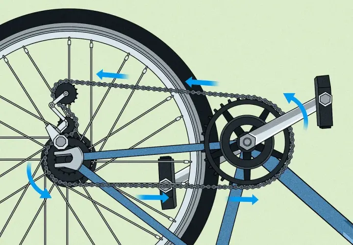 Diagram showing how to replace bike chain. Arrows indicate movement of chain and crank.