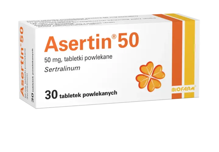 Opakowanie leku Asertin 50 mg, zawierające 30 tabletek powlekanych z sertraliną.