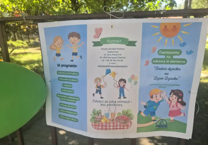 Plakat zapraszający na plenerowe zabawy z okazji Dnia Dziecka, organizowane przez MOPS Starogard Gdański. W programie m.in. malowanie twarzy, bańki mydlane i zabawy integracyjne. To wspaniały projekt socjalny!