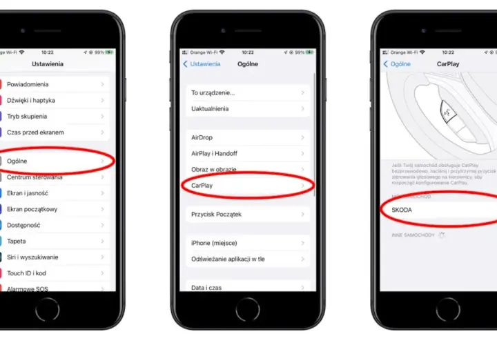 Konfiguracja CarPlay iOS na iPhonie: Ustawienia > Ogólne > CarPlay. Wybierz swój samochód, np. SKODA, aby połączyć.