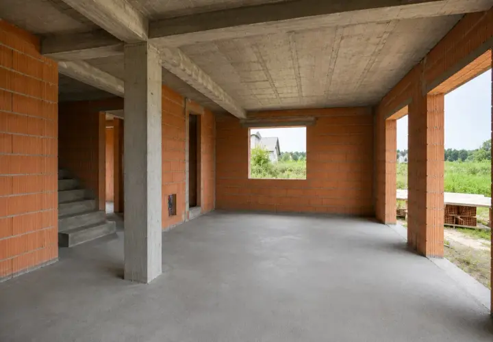Wnętrze domu w stanie surowym z ceglanymi ścianami, betonowymi stropami i schodami.