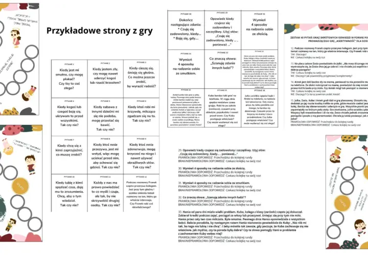Gra planszowa z pytaniami o emocje i relacje. Zawiera karty z pytaniami, planszę z polami do zaznaczania postępów i instrukcje. Idealna do nauki radzenia sobie z trudnymi sytuacjami, np. gdy ktoś nas denerwuje, a także do ćwiczenia ciętych ripost na py...