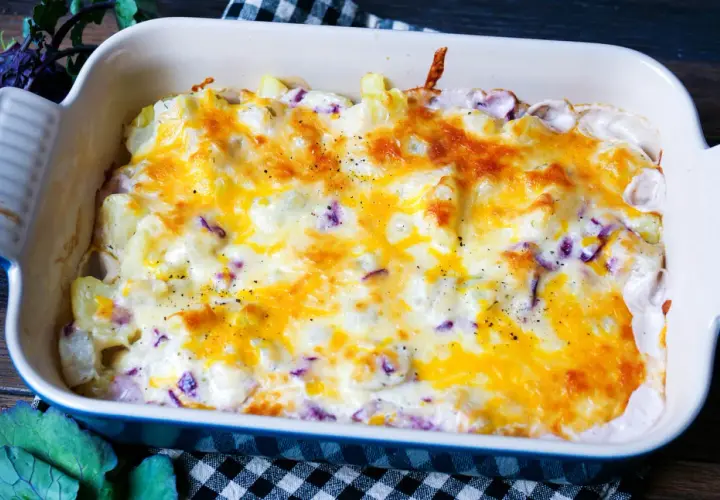 Kohlrabi-Auflauf mit geschmolzenem Käse und lila Kohlstreifen, frisch aus dem Ofen.