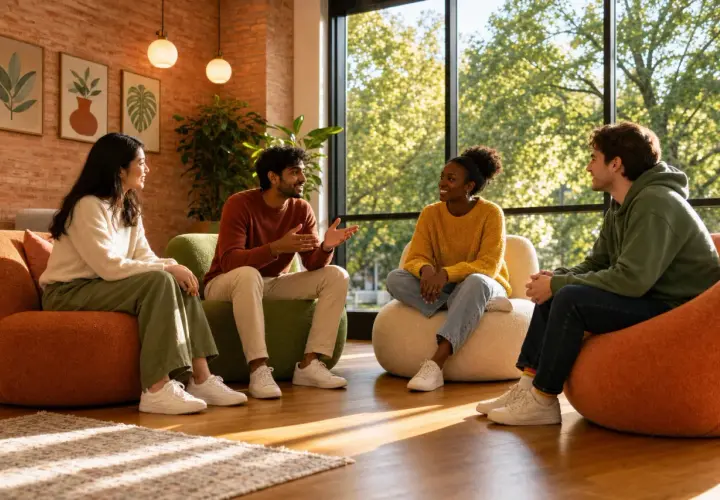 Quattro amici si riuniscono per fare il punto della situazione in inglese, seduti su comode poltrone davanti a una grande finestra.