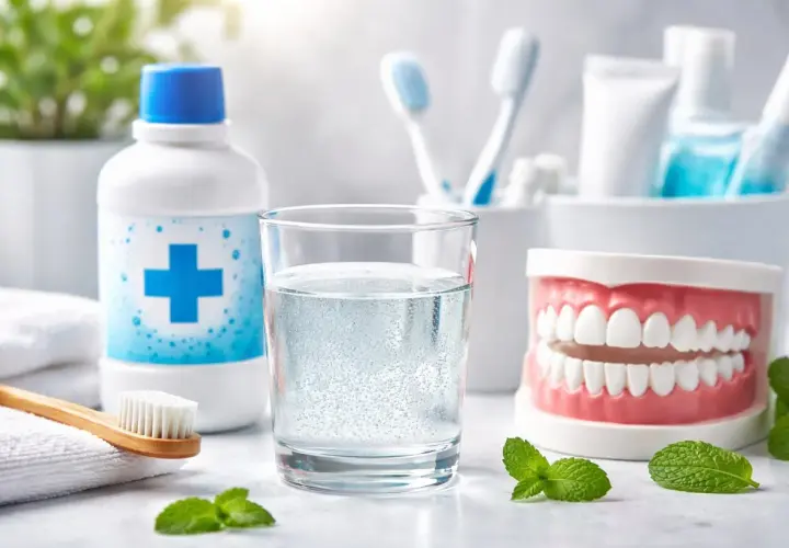 Igiene orale: collutorio, bicchiere d'acqua frizzante, dentifricio, spazzolini e un modello di denti per sciacqui con acqua ossigenata.