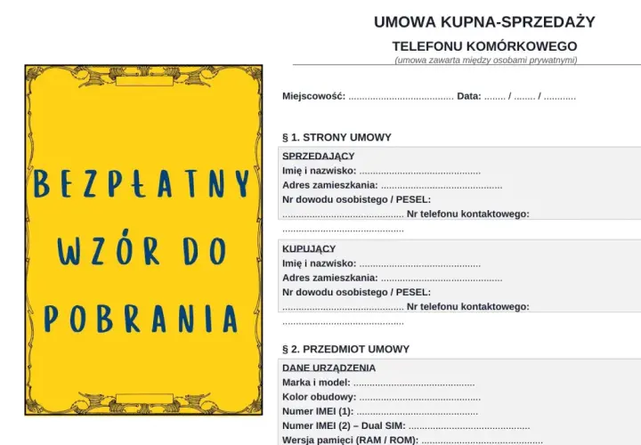 Umowa kupna sprzedaży telefonu komórkowego. Bezpłatny wzór do pobrania.