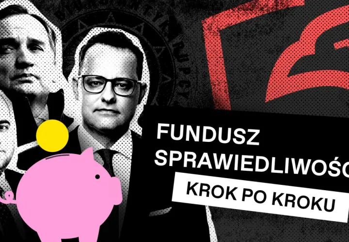 Portret mężczyzn z różową świnką-skarbonką i napisem "Fundusz Sprawiedliwości". Czy tak wygląda rozliczenie?
