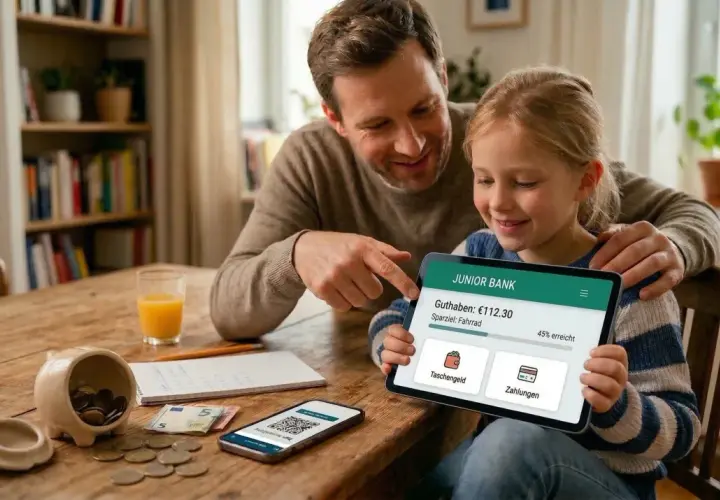 Vater und Tochter schauen auf ein Tablet, das ein kinder sparkonto zeigt. Sie planen das Sparen für ein Fahrrad.
