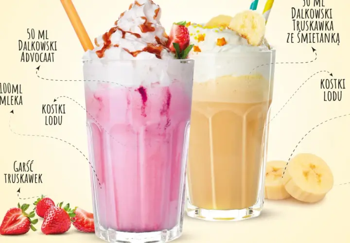 Dwa pyszne drinki: jeden truskawkowy, drugi bananowy. Oba z dodatkiem Dalkowski Advocaat i bitej śmietany.