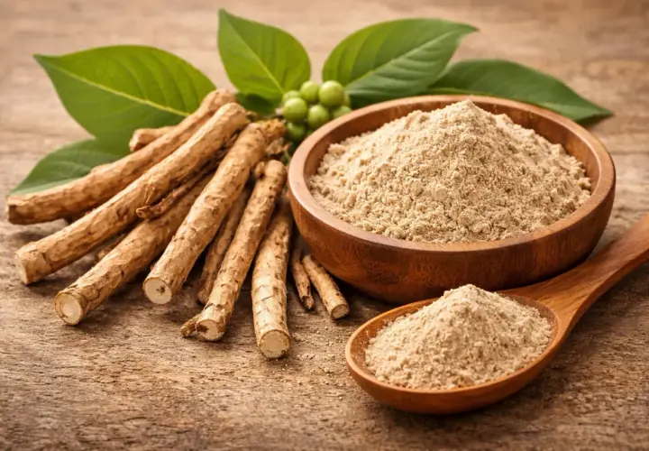 Radici e polvere di ashwagandha su fondo di legno. Informazioni su ashwagandha effetti collaterali.