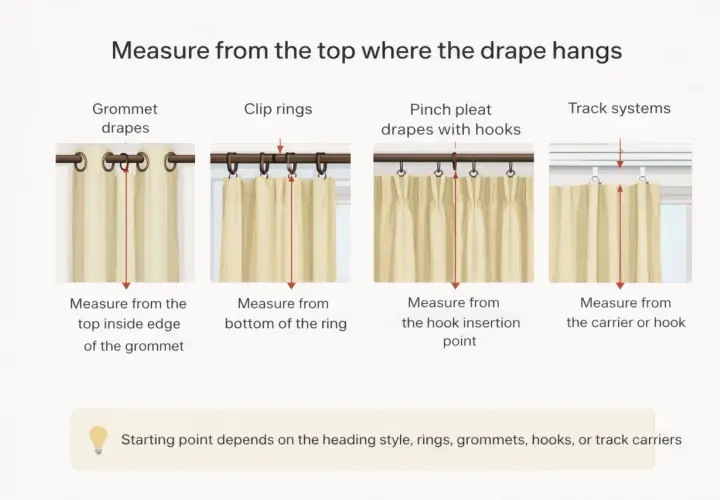 Illustration shows how to measure for pinch pleat drapes and other styles, indicating where to start measuring based on heading type.