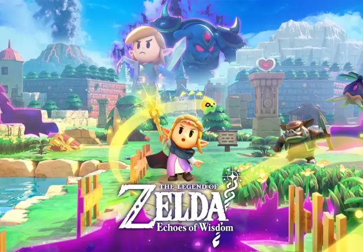 Link und Zelda im neuen Zelda: Echoes of Wisdom. Ein Oktorok, ein Moblin und ein dunkler Dämon bedrohen Hyrule.