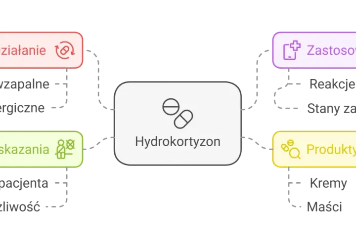 Schemat przedstawia hydrokortyzon: działanie (przeciwzapalne, przeciwalergiczne), zastosowania (reakcje alergiczne, stany zapalne), produkty (kremy, maści) i przeciwwskazania (wiek, nadwrażliwość).