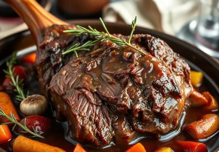 Un généreux jarret de boeuf braisé, nappé d'une sauce riche, servi avec des carottes et des herbes aromatiques.