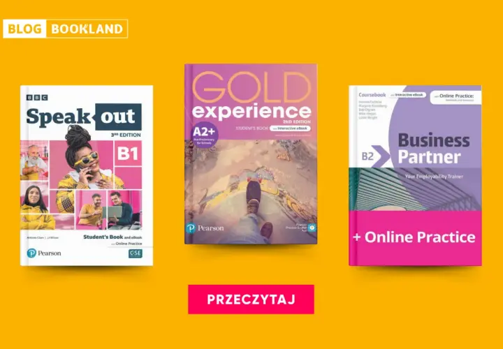 Książki do nauki angielskiego dla początkujących: "Speak Out B1", "Gold Experience A2+" i "Business Partner B2".