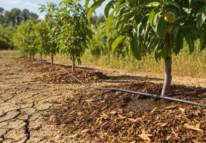 Ligne de jeunes pruniers en culture irriguée, avec des fruits naissants sur l'arbre le plus proche.