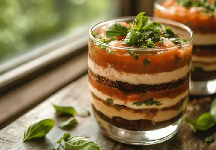 Un tiramisu salé gastronomique en couches, garni de basilic frais. Une création culinaire audacieuse et savoureuse.