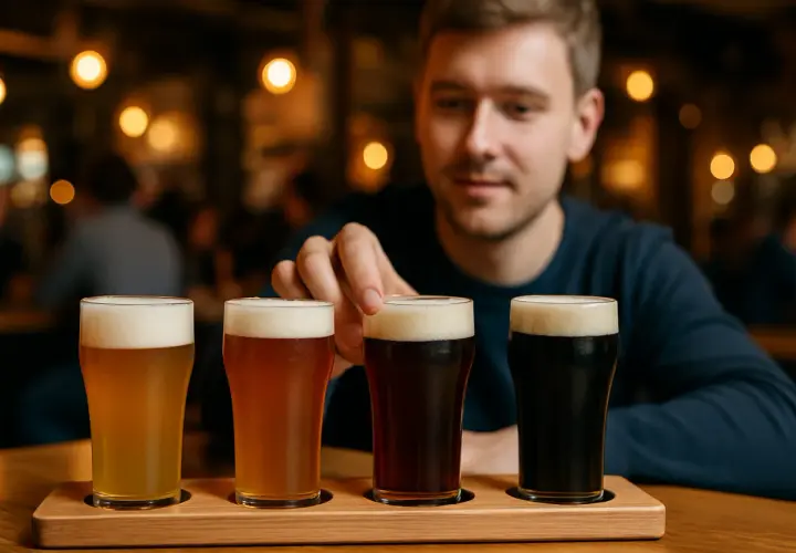 Mężczyzna wybiera piwo z degustacyjnej deski. Czy warto leżakować piwa rzemieślnicze (barrel aged) w piwnicy?