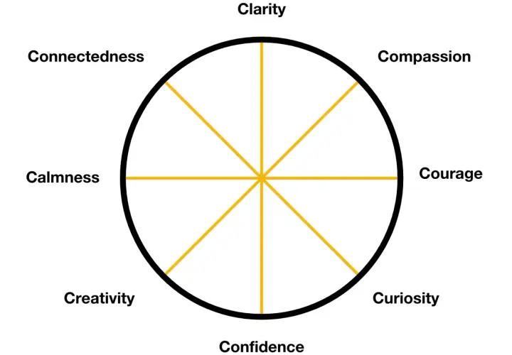 A wheel diagram illustrating self management and self leadership strategies: Clarity, Compassion, Courage, Curiosity, Confidence, Creativity, Calmness, and Connectedness.
