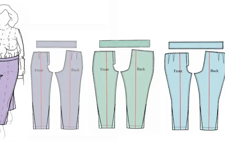 Four figures wear different colored trouser legs. Next to them are sewing patterns for front and back trouser legs in grey, green, blue, and purple.