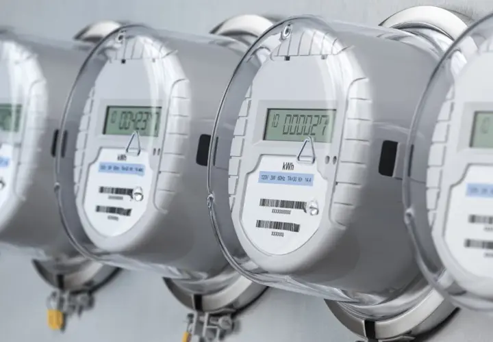 Fila de contadores de luz inteligentes con pantallas digitales mostrando el consumo de energía.
