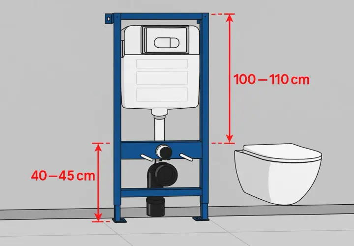 Instrukcja montażu: jaka wysokość geberitu od posadzki to 40-45 cm, a górna krawędź zbiornika 100-110 cm.