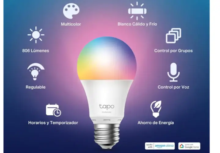 Bombilla inteligente multicolor con control por voz, grupos, horarios y ahorro de energía. Explora los tipos de bombillas inteligentes.