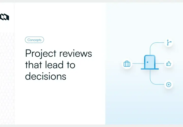 The purpose of project reviews is to define the process for achieving a positive outcome. Icons show a door, briefcase, thumbs up, and X.