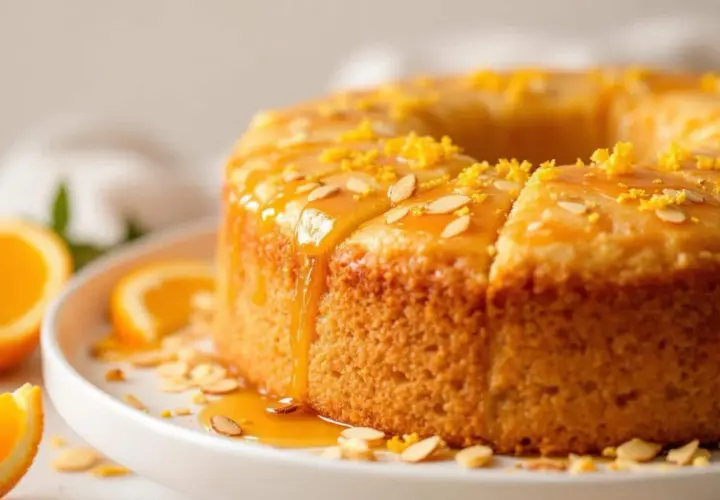 Gâteau semoule orange moelleux, nappé d'un glaçage doré, parsemé d'amandes effilées et de zestes d'orange.
