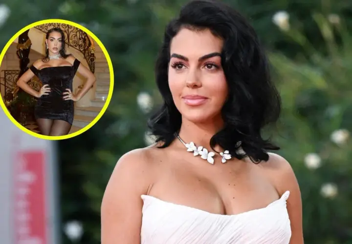 Georgina Rodriguez, żona Ronaldo, w eleganckiej białej sukni i czarnej kreacji w okręgu.